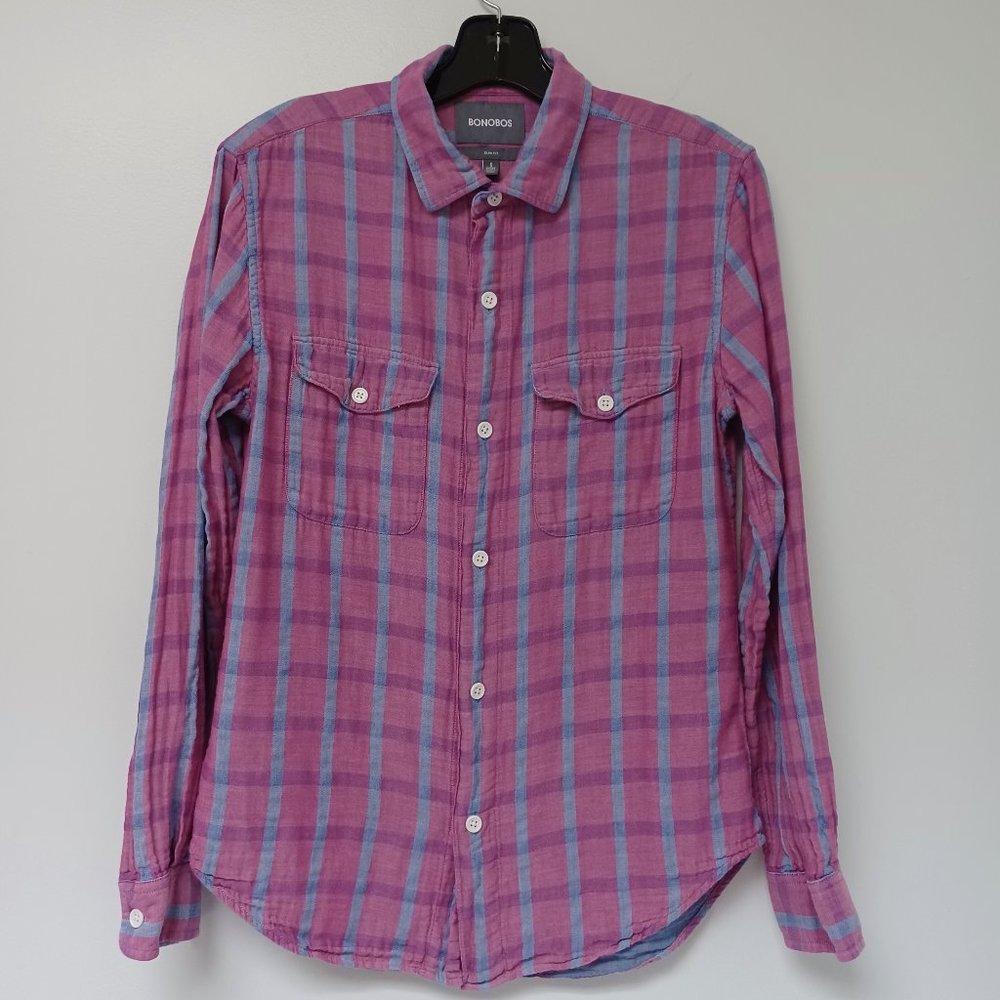 Bonobos Summer Weight Long Sleeve Shirt, Pink and Blue Plaid, Size Small, Short
